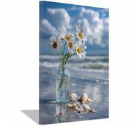 ZAMAEIU Ocean Beach Canvas Wall Art Flowers in a vase, seaShellss Canvas Prints Posters Modern Artwork for Living Room Bedroom Bathroom Home Office(white)-30x50cm Framed