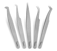 ZAMAHA UK Lash Eyelash Extension Tweezers Set of 5, Japanese Stainless Steel Tools Straight Curved 45 90 Degree Angled Tip, Volume Tweezers Precision (Shiny Look), Silver, (SHINY5PCS-ZUK)
