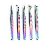 ZAMAHA UK Lash Eyelash Extension Tweezers Set of 5, Japanese Stainless Steel Tools Straight Curved 45 90 Degree Angled Tip, Volume Tweezers Precision (Rainbow Multi)