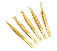 ZAMAHA UK Lash Eyelash Extension Tweezers Set of 5, Japanese Stainless Steel Tools Straight Curved 45 90 Degree Angled Tip, Volume Tweezers Precision (Gold Platted), ZUK-LASH-5P-GOLD