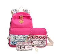 Zambuph 3Pcs Canvas Backpack Shoulder Pouch Organizer Set Large Capacity Daypack Ethnic School Teenagers Outdoor Travel Bag, Rose Red