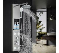 Zamery Stainless Steel Shower Panel Tower System with Niche Storage Complete, 20 cm Rain Shower Head, 4 x Body Jets Wall Mounted Shower Panel Column Tower Brushed