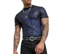 ZAMETTER Stylish Men's Sequin Embellished Mesh Shirt, Great Choice for Social Events (3XL Blue)