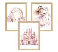 Zamety 3 Nursery Prints, Wall Art for Girls Bedroom, Pink Posters, Rainbow Unicorn Princess Castle-Themed Pink Wall Art, Room Decor for Bedroom Girls, Unframed Design 30×40cm