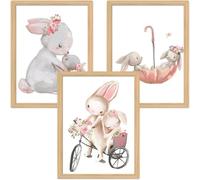 Zamety Set of 3 Cartoon Nursery Prints, A4 Kids Wall Art, Cute Rabbit Kids Posters for Boy Girl Baby Room, Bedroom or Playroom, without Frame, 21x30cm