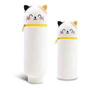 Zamety Silicone Pencil Case, 2-in-1 Kawaii Pencil Case, Soft Cat Pencil Case, Stand Up Animals Pencil Case, Pencil Case with Zip, Pen Holder for Girls Boys School and Office, White, Cartoon