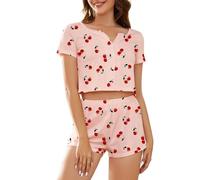 Zando 2 Piece Womens Nightwear, Cute Short Pajamas For Women UK, Ladies Pyjamas, Cartoon Print Sexy Top And Shorts Pj Set, Cherry, M