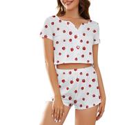 Zando 2 Piece Womens Nightwear, Cute Short Pajamas For Women UK, Ladies Pyjamas, Cartoon Print Sexy Top And Shorts Pj Set, Strawberry 2, L
