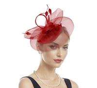 Zando Fascinators for Weddings, Feather Mesh Fascinator Clip, Faux Flowers Red Fascinator, On A Headband Wedding Prom 2025, Hair Accessories Wedding Guest, Bride Hat, Red, One Size