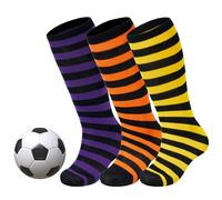 Zando Kids Football Socks, Unisex Kids Sports Socks, Boys Girls Stripes Stockings, 3 Pairs Cotton Sports Socks Age 4-14 Years, Black Yellow/Purple/Orange Stripes, 12-14 Years