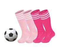 Zando Kids Football Socks, Unisex Kids Sports Socks, Boys Girls Stripes Stockings, 4 Pairs Cotton Sports Socks Age 4-9 Years, Pink 2/Peach 2, 6-9 Years