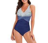 Zando Swimming Costume Women for Beach Summer, One Piece Tummy Control Swimwear, Modest V Neck Swimsuits for Women UK 2025, Blue, 12-14