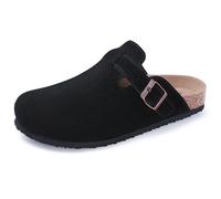Zandrix Women's Suede Clogs Slip-on Leather Mules Cork Footbed Sandals Slides Potato Shoes with Adjustable Buckle Black
