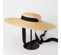 ZANGAO Wide Brim Boater Hat 19cm 15cm 10cm Brim Straw Hat Flat Women Summer Hat White Black Ribbon Tie Sun Hat Beach Cap (Color : Primary black band, Size : 15cm Brim)