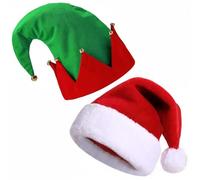 ZANGOC 2X Novelty Christmas Hats Pack -Christmas Santa Red Plush Hat + Elf Hat with Bell Rings -Holiday Costume Accessories for Adults & Kids | Xmas Party Hats & Fancy Dress Set-Santa