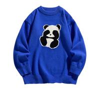 Zanisouta Cardigan Men's Oversized Pullover Cute Panda Pattern Knitted Jumper Jacquard Crew Neck Sweater Vintage Winter Jumper Soft Lightweight Work Jumper Loose Streetwear, O Blue, 3XL