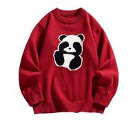 Zanisouta Cardigan Men's Oversized Pullover Cute Panda Pattern Knitted Jumper Jacquard Crew Neck Sweater Vintage Winter Jumper Soft Lightweight Work Jumper Loose Streetwear, O wine, 3XL