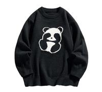 Zanisouta Cardigan Men's Oversized Pullover Cute Panda Pattern Knitted Jumper Jacquard Crew Neck Sweater Vintage Winter Jumper Soft Lightweight Work Jumper Loose Streetwear, O Black, M