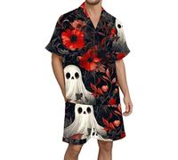 Zanisouta Halloween Costume Men's Short Pyjamas Pumpkin Print Pyjamas with Button Placket Sleepwear Leisure Pyjamas Funny Swimsuit Carnival Sleep Shirt and Shorts Set Loungewear, P Black, M