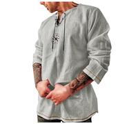 Zanisouta Medieval Shirt Men's Tunic Linen Shirt Summer Shirts Long Sleeve Retro with Lacing Breathable Casual Shirt Casual Fishing Shirt Viking Clothing Without Collar T-Shirt Comfortable Men, gray,