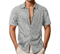 Zanisouta Men's Sparkling Casual Shirt Sequins Short Sleeve Shirt Vintage Summer 1/4 Glitter Button Disco Top 70s Club Shiny Shirt Rave Tops Glitter Costume Button Down Men's Shirt, O silver., 3XL