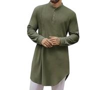 Zanisouta Muslim Robe Men's Long Sleeve Kaftan Loose Casual Shirts Plain Casual Shirt Button Down Muslim Shirt Kurta Tunic Islamic Traditional Clothing Indian Thobe, O Green, S