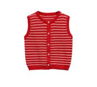 Zanisouta Women's Striped Knitted Jumper Jacquard Coat Sleeveless Knitted Vest Open Front Cardigan Patterned Pullover Button Down Tank Top Winter Casual Shirt, O Red, M