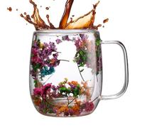 Zankie Dried Flowers Double Walled Glass Mugs, 250/390ml Coffee Cups, Dry Flower Glass Tea Cup with Handle, Double Wall Insulated Coffee Mugs Tea Mug Milk Mug Glass Cup for Tea, Coffee