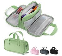 Zannaki Large Pencil Case, Big Capacity Pencil Pouch Pen Bag with 3 Compartment, Portable Canvas Stationery Organizer with Zipper, Cute Aesthetic School Supplies for Teen Girls Boys College,Green