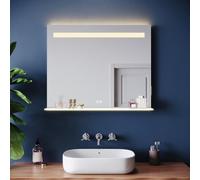 ZANOFIRA LED Bathroom Mirror with Lights and Shaver Socket, 80x65cm Wall Mounted Vanity Mirror with LED Shelf, 3 Colors Dimmable, Memory Function, Defogging, Front+Backlit, IP44