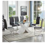 zanti glass dining table with white base 6 symphony black chairs
