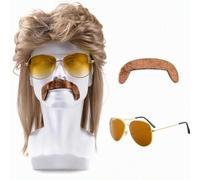 ZANVIKO Brown Mullet Wig with Sunglasses Moustache, 3 Piece Set | Brown curly synthetic wig | 180% density | Sunglasses + moustache | Heat-resistant fibre | Adult 70s/80s costume