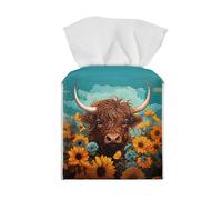 Zanxiantu Highland Cow Leather Tissue Box Cover Sunflower Square Tissue Box Holder Home Decorative Paper Organizer Dispenser Bathroom Car Office Tissue Cube Box Cover