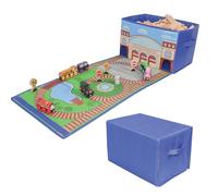 Zany Trains - Train Storage Bin and Play Mat - Wooden Railway Take-Along Storage Box with Train Tracks Design - Two in One Collapsible Toy Car Storage with Station - Car Garage Fabric Bin