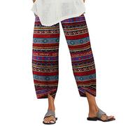 ZANZEA Women's Casual Harem Trousers Summer Boho Retro Print Cotton Cropped Pants Loose Fit Hippie Elasticated Waist with Pockets Lounge Yoga Pants Beach TrousersBeta Red4XL