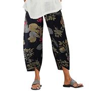 ZANZEA Women's Casual Harem Trousers Summer Boho Retro Print Cotton Cropped Pants Loose Fit Hippie Elasticated Waist with Pockets Lounge Yoga Pants Beach TrousersBeta Navy Blues