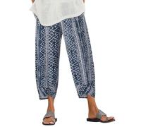 ZANZEA Womens Casual Trousers Cotton Linen Cropped Pants Loose Fit Straight Elasticated Waist Chino Bottoms with PocketC-Blues