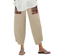 ZANZEA Women's Cotton Linen Cropped Trousers Summer Casual Elasticated Waist Harem Pants with Pockets Loose Fit Retro Print Lounge Trousers Beige XL