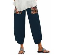 ZANZEA Women's Cotton Linen Cropped Trousers Summer Casual Elasticated Waist Harem Pants with Pockets Loose Fit Retro Print Lounge Trousers Navy XXL