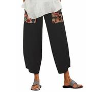 ZANZEA Women's Cotton Linen Cropped Trousers Summer Casual Elasticated Waist Harem Pants with Pockets Loose Fit Retro Print Lounge Trousers Black L