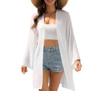 ZANZEA Women's Kimono Cardigan Solid Color Open Front Beach Coverups Long Sleeve Bikini Sarong Shawl Tops White Long S