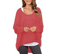 ZANZEA Women's Off The Shoulder Batwing Tops Casual Loose Oversized Tshirts Long Sleeve Fall Pullover Sweater Tops, Red, XXL