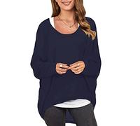 ZANZEA Women's Off The Shoulder Batwing Tops Casual Loose Oversized Tshirts Long Sleeve Fall Pullover Sweater Tops, Navy, Medium