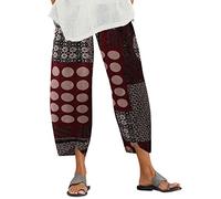 ZANZEA Women's Summer Harem Pants Wide Leg Cotton Linen Yoga Pants Retro Print Loose Trousers Leggings Stretch Waistline Yoga Trousers Beta Wine Red L