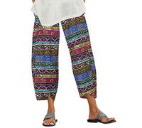 ZANZEA Women's Summer Harem Pants Wide Leg Cotton Linen Yoga Pants Retro Print Loose Trousers Leggings Stretch Waistline Yoga Trousers Beta Blue L