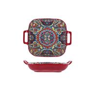 zaoalife Boho Square Ceramic Serving Platter with Handles - 9 Inch Colorful Porcelain Dinner Plate for Entertaining, Appetizers, Parties | Decorative Serving Dish