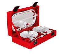 Zap Impex Engraved Silver Brass Bowl Tray and Spoon Set Gift Set, SLVRTRAYBOWL-1