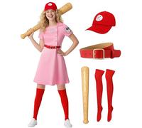 ZapLute Women Baseball Dress Dottie-Inspired Costume with Cap Socks Belt Inflatable Bat Halloween Cosplay Uniform Set Pink (XXL)