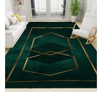 ZAPOXO Small Area Rugs 40 x 60cm, Luxury Emerald Green Gold Geometric Living Room Decor Rug, Golden Lines On Dark Green Background Luxury Large Bedroom Carpet, Fluffy Soft for Hotel Home Decor Sofa