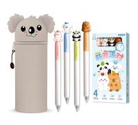 ZappelStift 4Pcs Cartoon Erasable Gel Pens - 2 in 1 Pencil Case in Soft Silicone, Twist Action Gel Inks Pen Erase Ink, Tip 0.5 mm, Animal Designs, for Childs Stationery, Writing, Office supplie